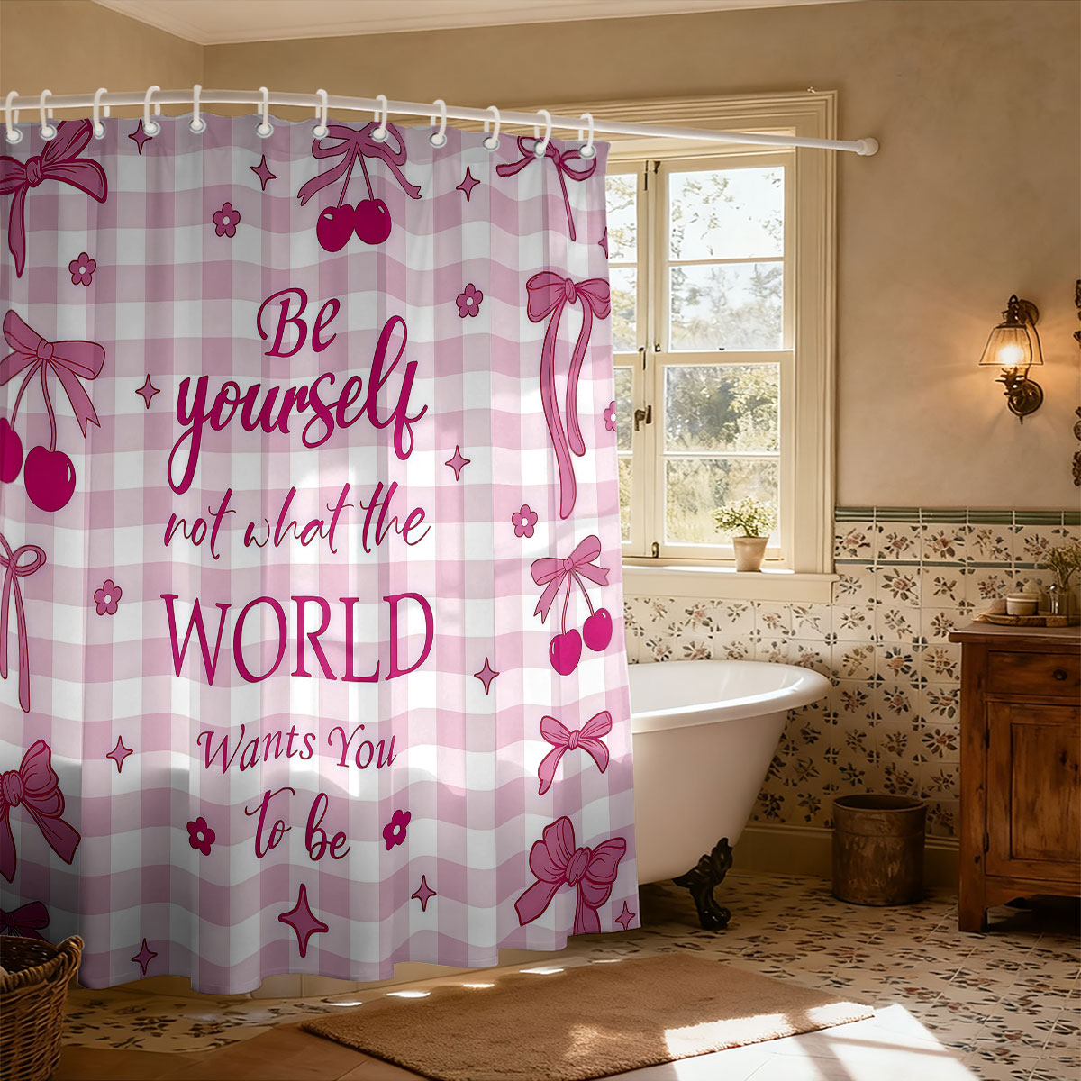 1pc Pink Bow Printed Shower Cu - đánh giá và giá Home Bathroom Partition