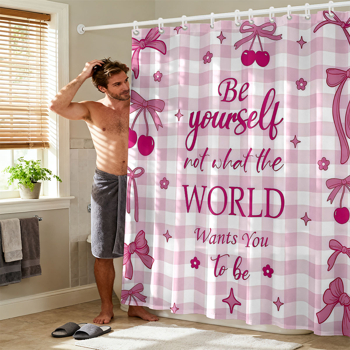 1pc Pink Bow Printed Shower Cu - đánh giá và giá Home Bathroom Partition