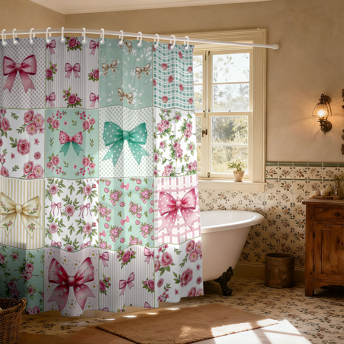 1pc Pink Bow Printed Shower Cu - đánh giá và giá Home Bathroom Partition